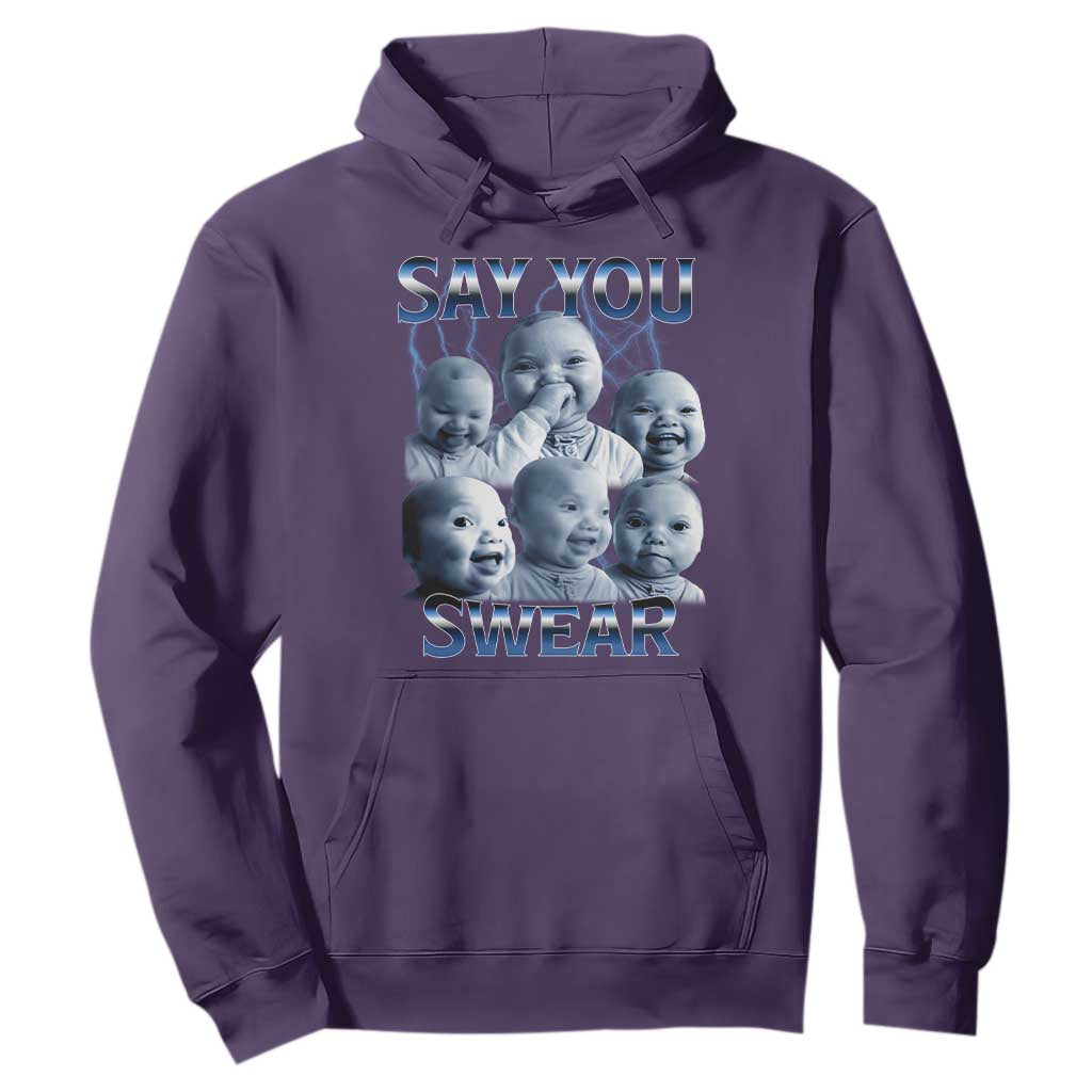 Funny Tuff Baby Meme Hoodie Say You Swear Viral AI Niche Baby Holding Back Laugh TS02 Purple Print Your Wear