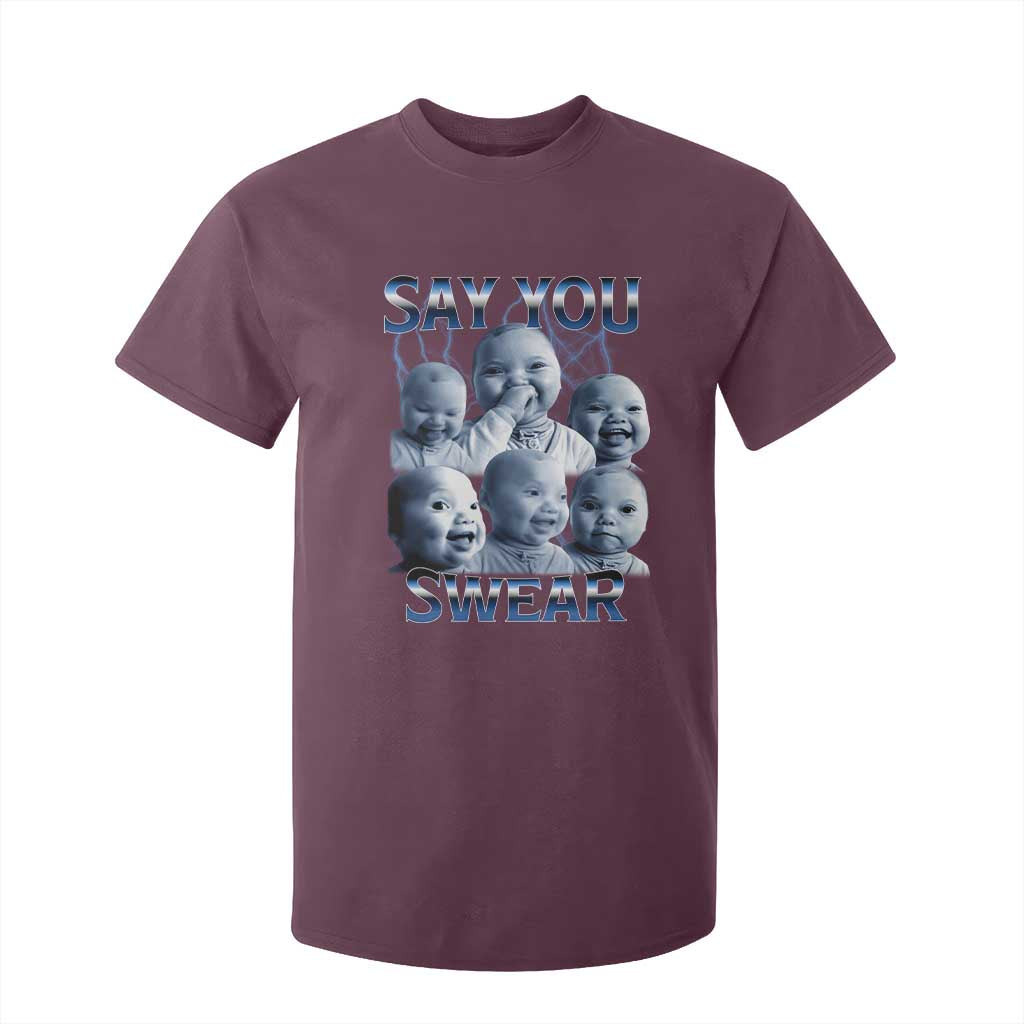 Funny Tuff Baby Meme T Shirt For Kid Say You Swear Viral AI Niche Baby Holding Back Laugh TS02 Maroon Print Your Wear