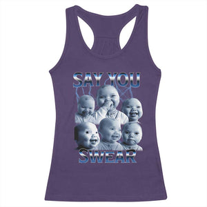 Funny Tuff Baby Meme Racerback Tank Top Say You Swear Viral AI Niche Baby Holding Back Laugh TS02 Purple Print Your Wear