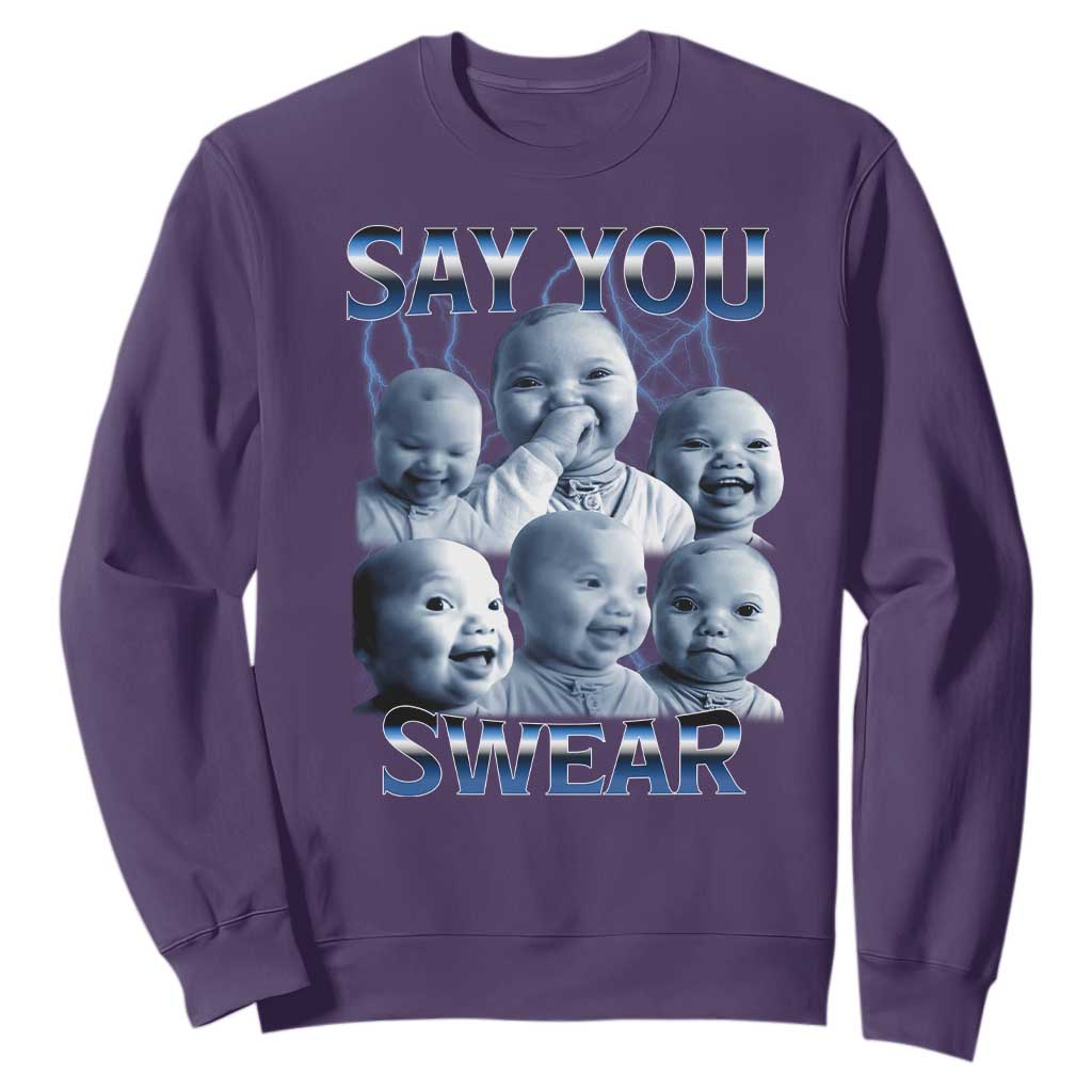 Funny Tuff Baby Meme Sweatshirt Say You Swear Viral AI Niche Baby Holding Back Laugh TS02 Purple Print Your Wear