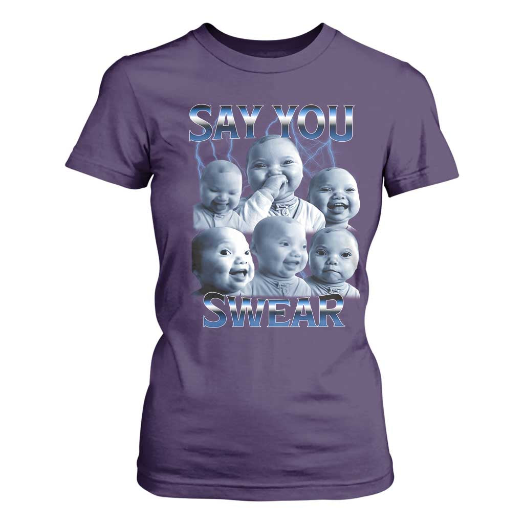 Funny Tuff Baby Meme T Shirt For Women Say You Swear Viral AI Niche Baby Holding Back Laugh TS02 Purple Print Your Wear