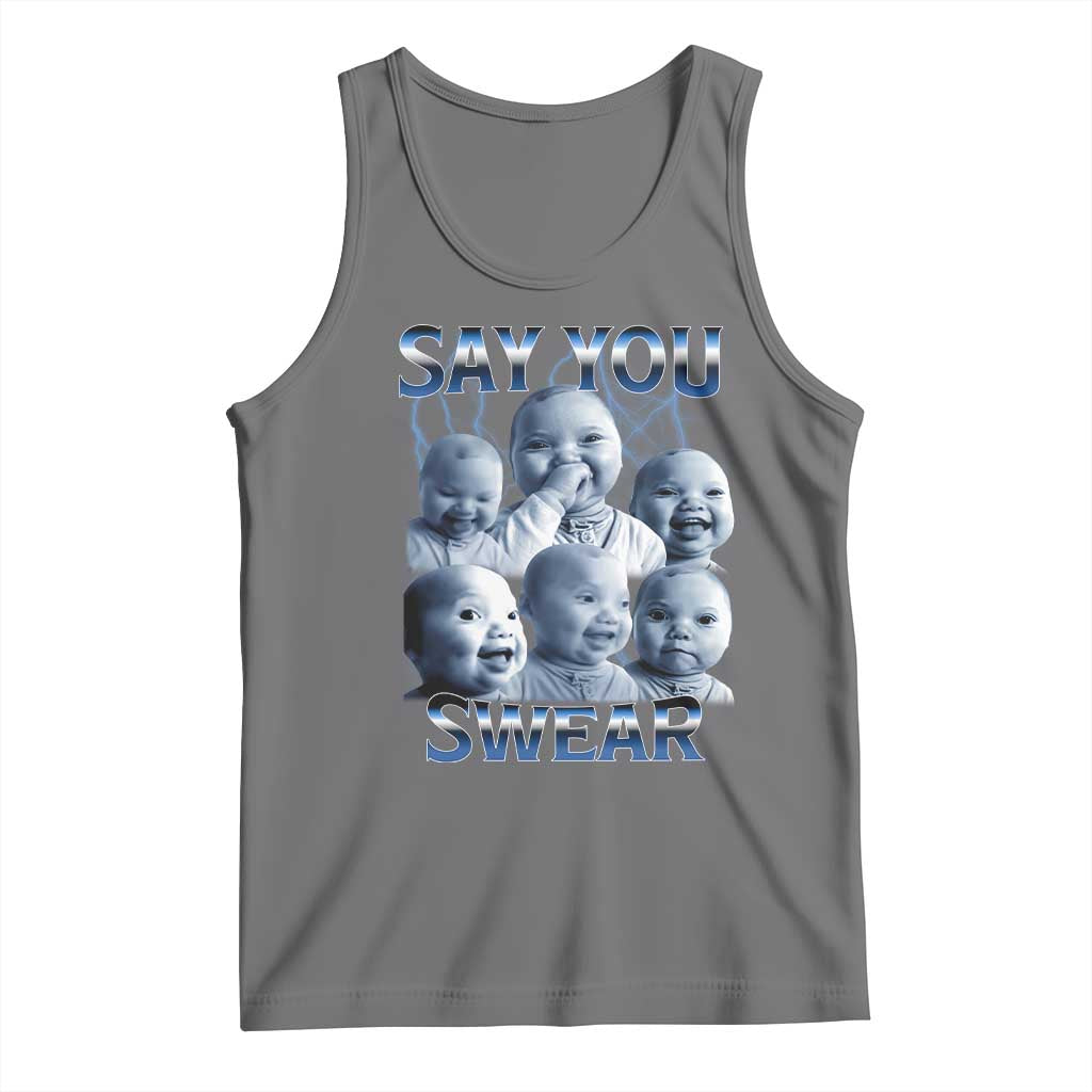 Funny Tuff Baby Meme Tank Top Say You Swear Viral AI Niche Baby Holding Back Laugh TS02 Black Heather Print Your Wear