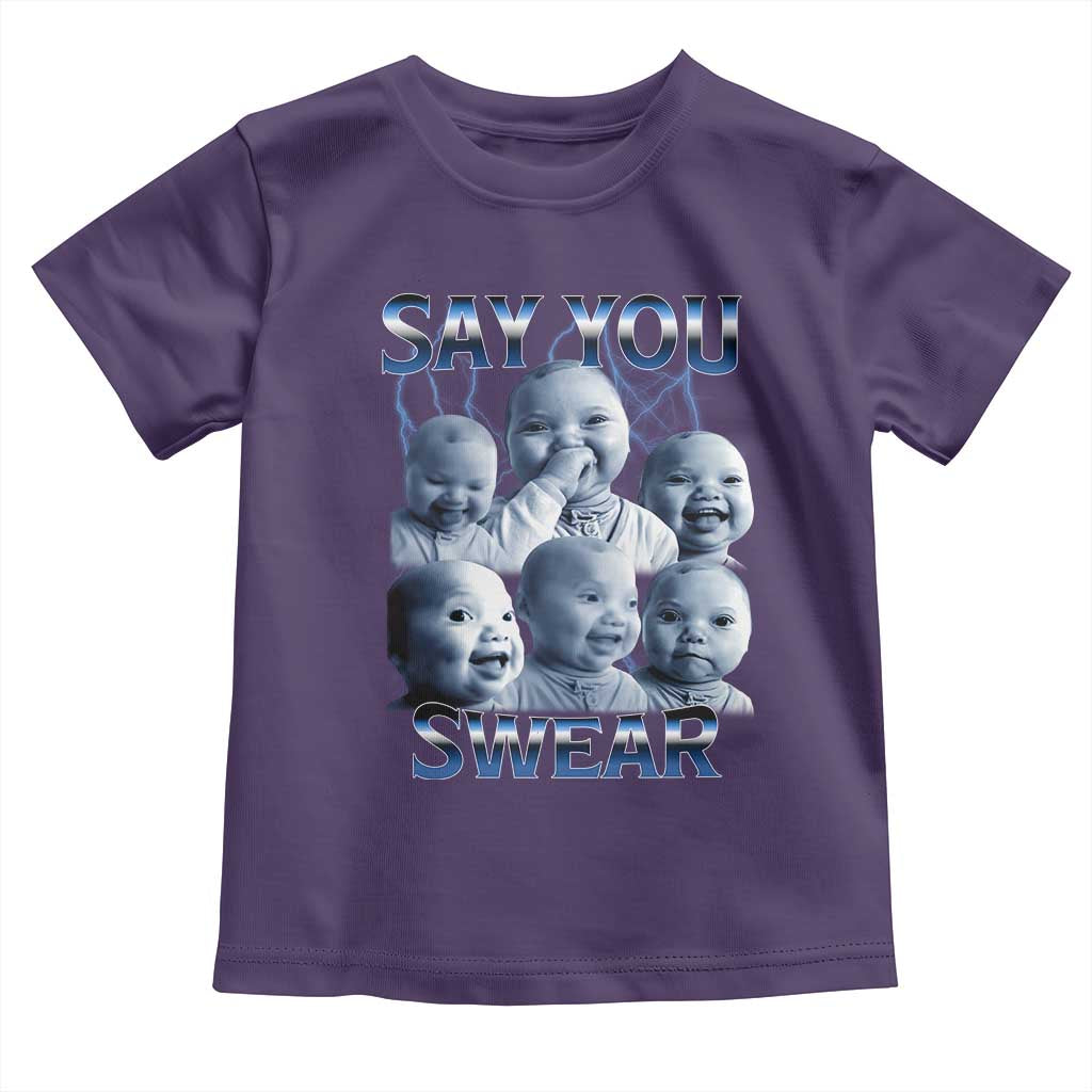 Funny Tuff Baby Meme Toddler T Shirt Say You Swear Viral AI Niche Baby Holding Back Laugh TS02 Purple Print Your Wear