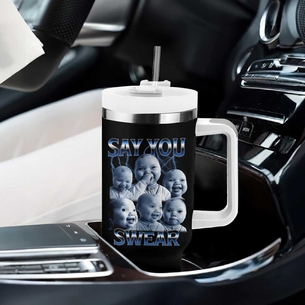Funny Tuff Baby Meme Tumbler With Handle Say You Swear Viral AI Niche Baby Holding Back Laugh TS02 Print Your Wear