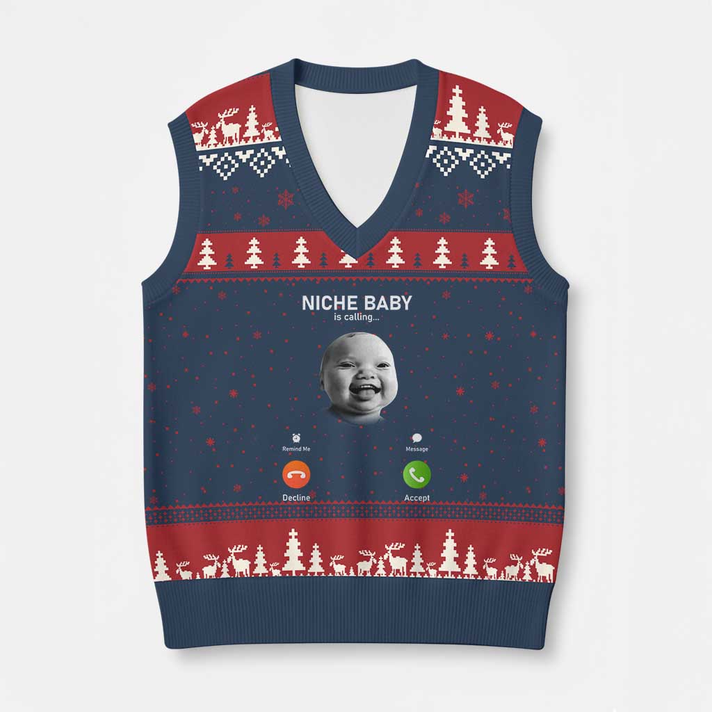 Funny Tuff Baby Meme V-Neck Knit Sweater Vest Tell Em Son AI Niche Baby Motion Holding Laugh TS02 Navy Red Print Your Wear