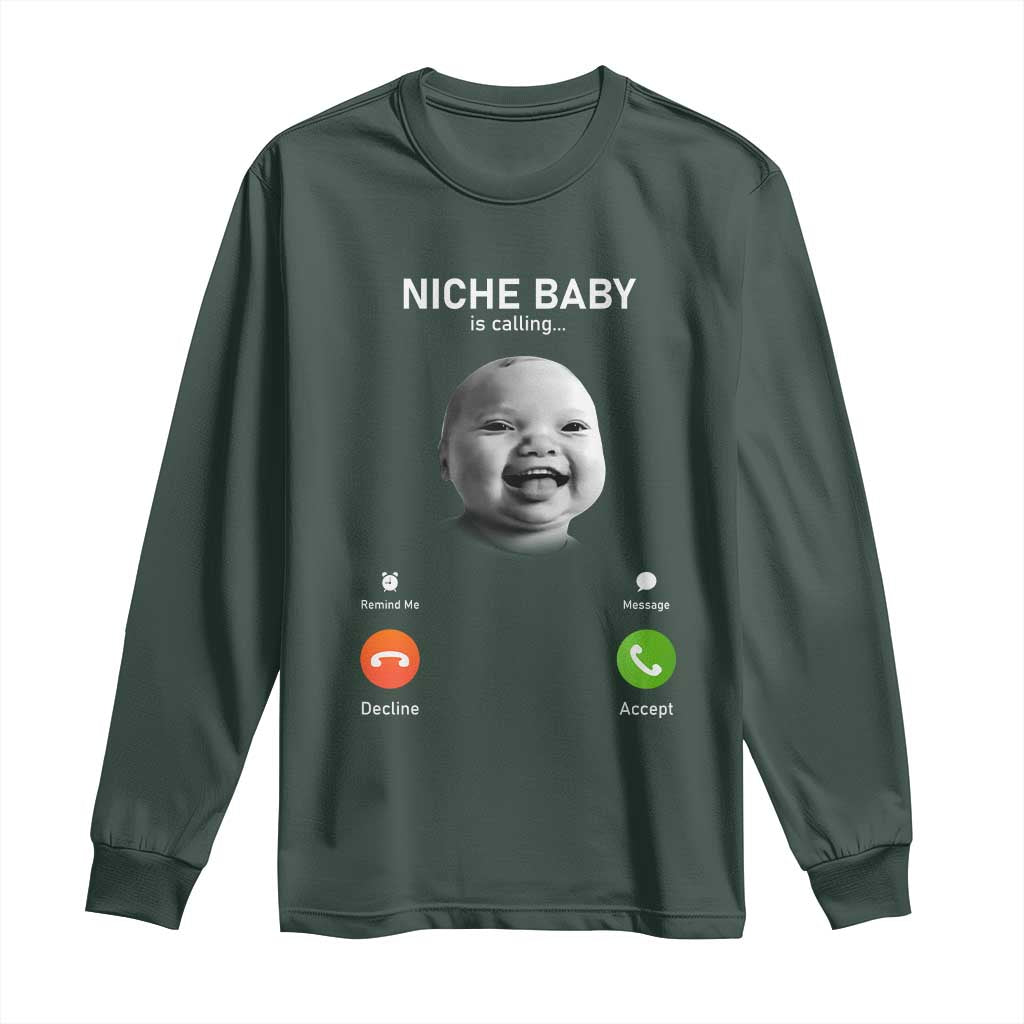 Funny Tuff Baby Meme Long Sleeve Shirt Tell Em Son AI Niche Baby Motion Holding Laugh TS02 Dark Forest Green Print Your Wear