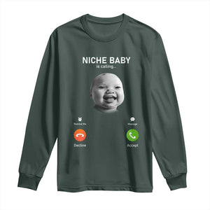 Funny Tuff Baby Meme Long Sleeve Shirt Tell Em Son AI Niche Baby Motion Holding Laugh TS02 Dark Forest Green Print Your Wear
