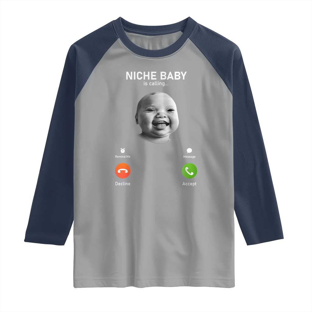 Funny Tuff Baby Meme Raglan Shirt Tell Em Son AI Niche Baby Motion Holding Laugh TS02 Sport Gray Navy Print Your Wear