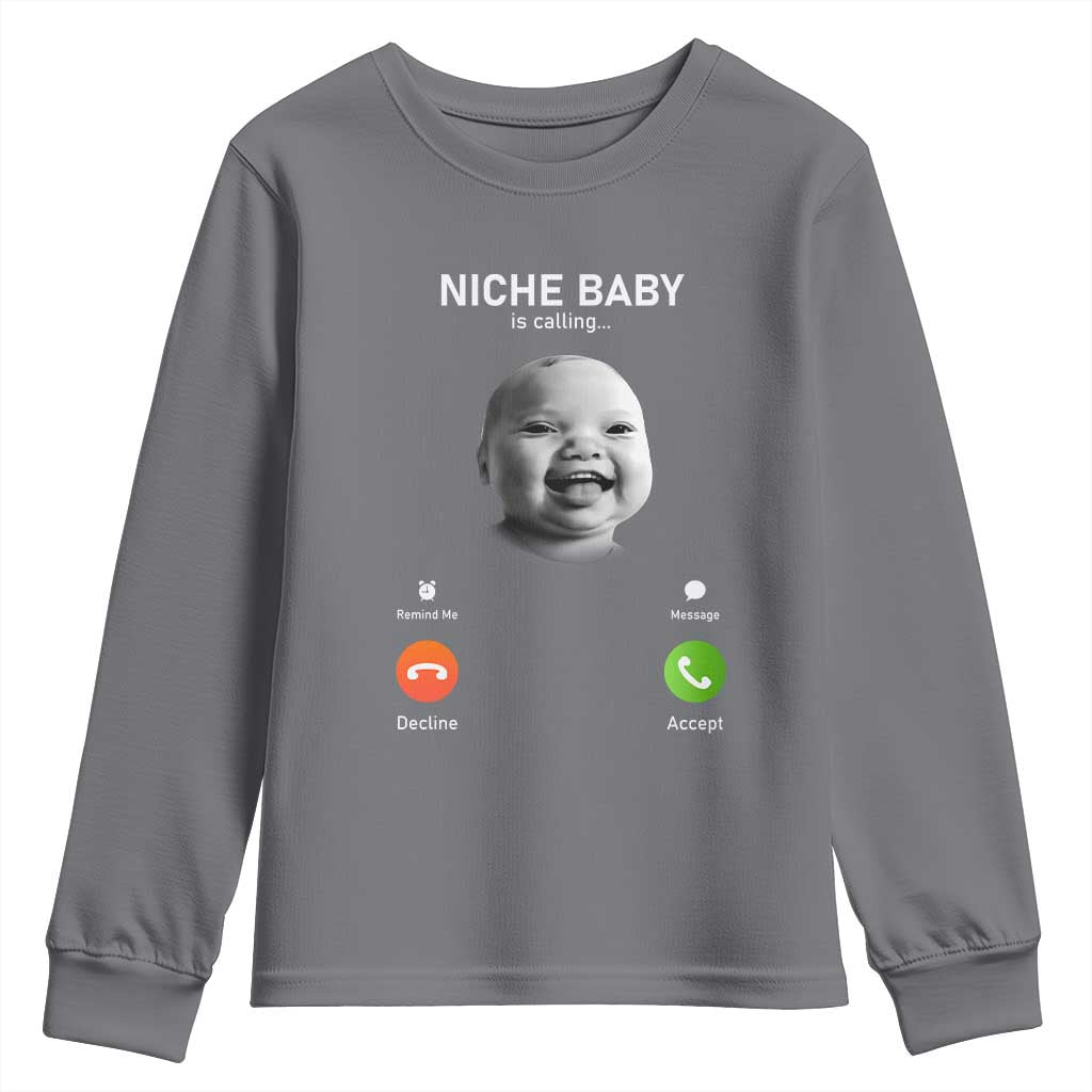 Funny Tuff Baby Meme Youth Sweatshirt Tell Em Son AI Niche Baby Motion Holding Laugh TS02 Charcoal Print Your Wear