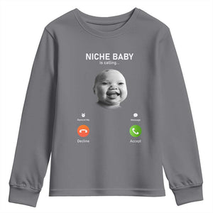 Funny Tuff Baby Meme Youth Sweatshirt Tell Em Son AI Niche Baby Motion Holding Laugh TS02 Charcoal Print Your Wear