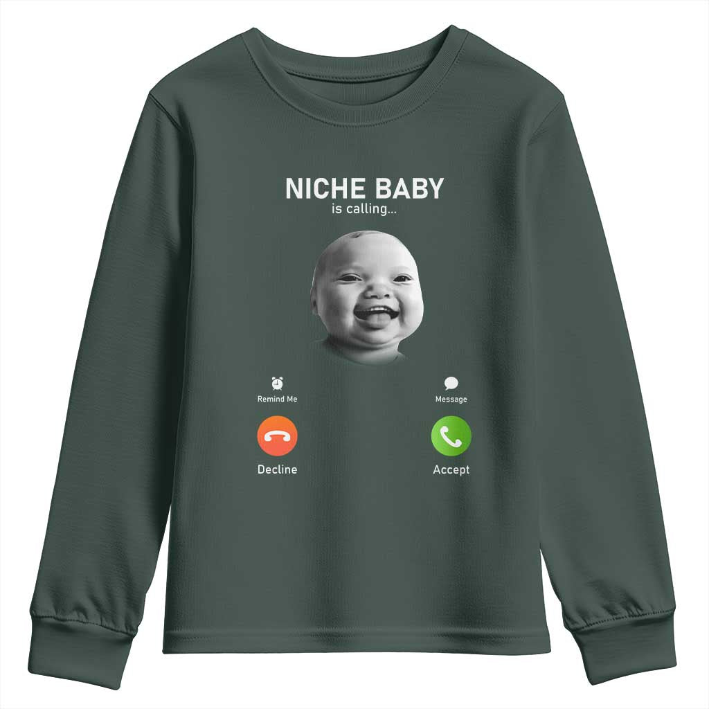 Funny Tuff Baby Meme Youth Sweatshirt Tell Em Son AI Niche Baby Motion Holding Laugh TS02 Dark Forest Green Print Your Wear