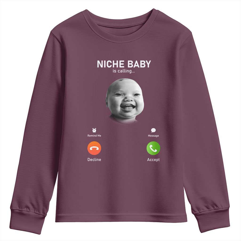 Funny Tuff Baby Meme Youth Sweatshirt Tell Em Son AI Niche Baby Motion Holding Laugh TS02 Maroon Print Your Wear