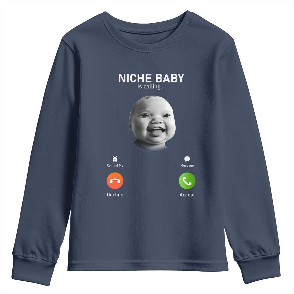 Funny Tuff Baby Meme Youth Sweatshirt Tell Em Son AI Niche Baby Motion Holding Laugh TS02 Navy Print Your Wear