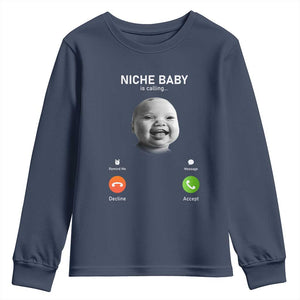 Funny Tuff Baby Meme Youth Sweatshirt Tell Em Son AI Niche Baby Motion Holding Laugh TS02 Navy Print Your Wear