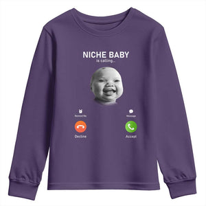 Funny Tuff Baby Meme Youth Sweatshirt Tell Em Son AI Niche Baby Motion Holding Laugh TS02 Purple Print Your Wear