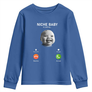 Funny Tuff Baby Meme Youth Sweatshirt Tell Em Son AI Niche Baby Motion Holding Laugh TS02 Royal Blue Print Your Wear