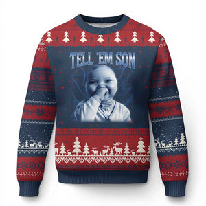 Funny Giggling Niche Baby Is Calling Ugly Christmas Sweater Tuff Baby AI Laughing Gen Alpha Meme TS02 Navy Red Print Your Wear