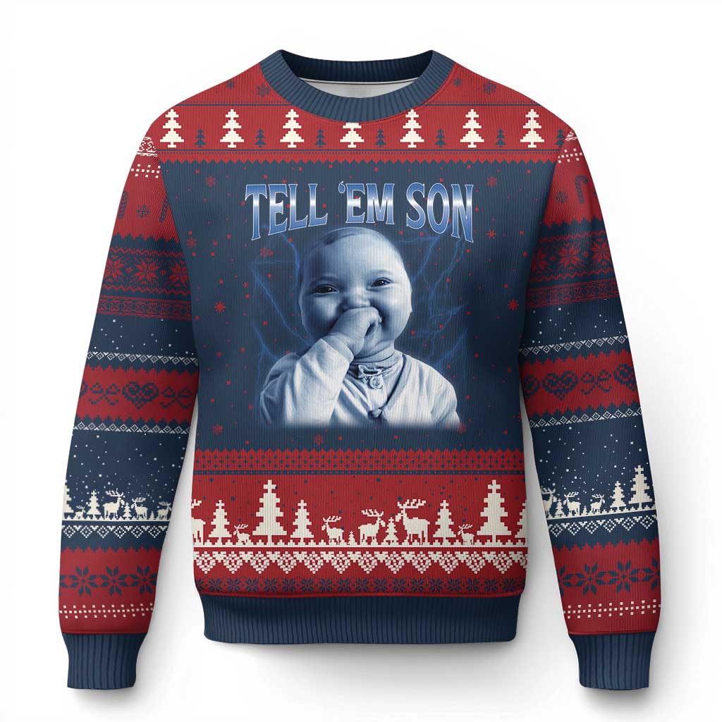 Funny Giggling Niche Baby Is Calling Ugly Christmas Sweater Tuff Baby AI Laughing Gen Alpha Meme TS02 Navy Red Print Your Wear