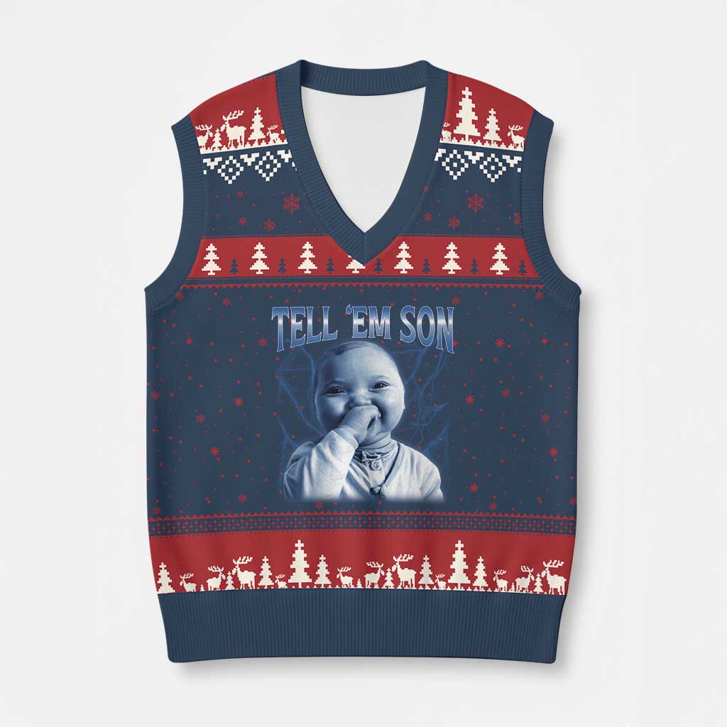 Funny Giggling Niche Baby Is Calling V-Neck Knit Sweater Vest Tuff Baby AI Laughing Gen Alpha Meme TS02 Navy Red Print Your Wear