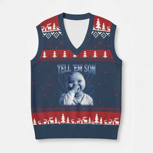Funny Giggling Niche Baby Is Calling V-Neck Knit Sweater Vest Tuff Baby AI Laughing Gen Alpha Meme TS02 Navy Red Print Your Wear