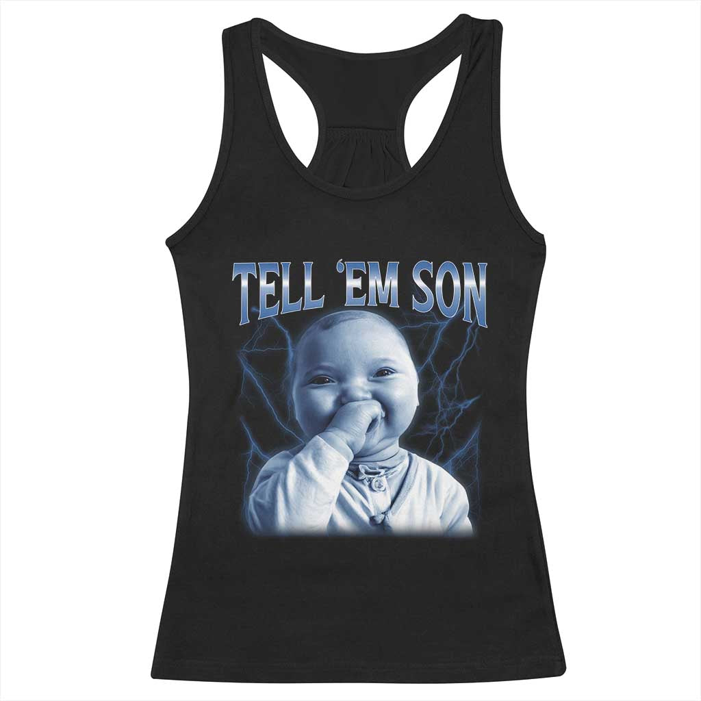 Funny Giggling Niche Baby Is Calling Racerback Tank Top Tuff Baby AI Laughing Gen Alpha Meme TS02 Black Print Your Wear