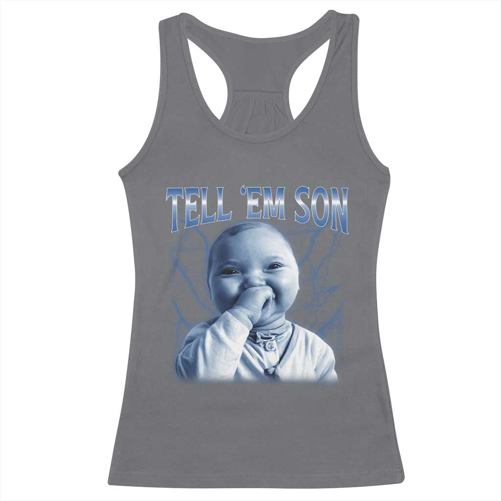 Funny Giggling Niche Baby Is Calling Racerback Tank Top Tuff Baby AI Laughing Gen Alpha Meme TS02 Charcoal Print Your Wear