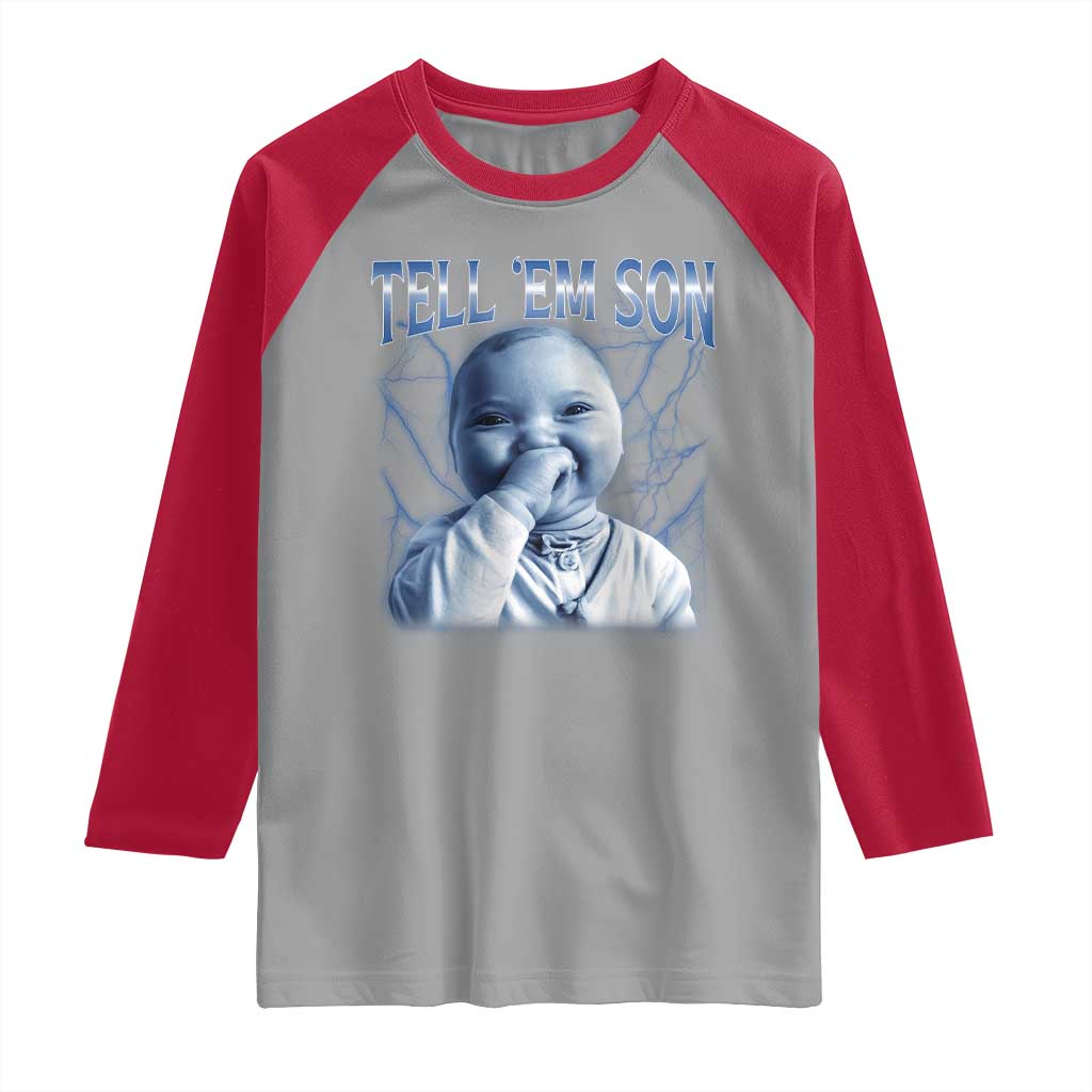 Funny Giggling Niche Baby Is Calling Raglan Shirt Tuff Baby AI Laughing Gen Alpha Meme TS02 Sport Gray Red Print Your Wear