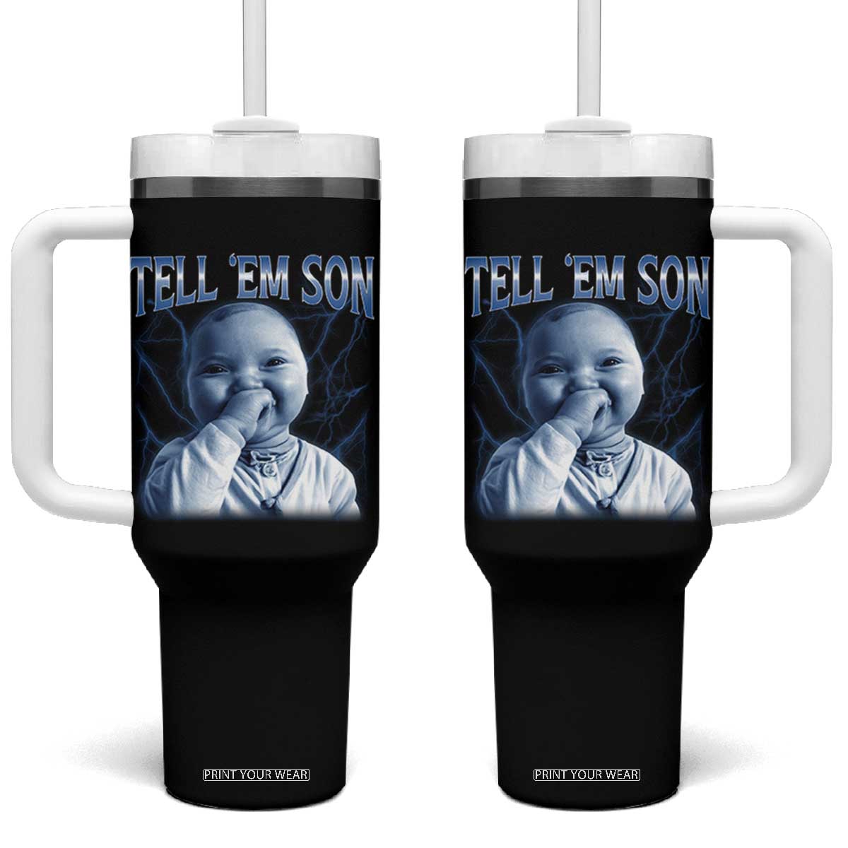 Funny Giggling Niche Baby Is Calling Tumbler With Handle Tuff Baby AI Laughing Gen Alpha Meme TS02 One Size: 40 oz Black Print Your Wear
