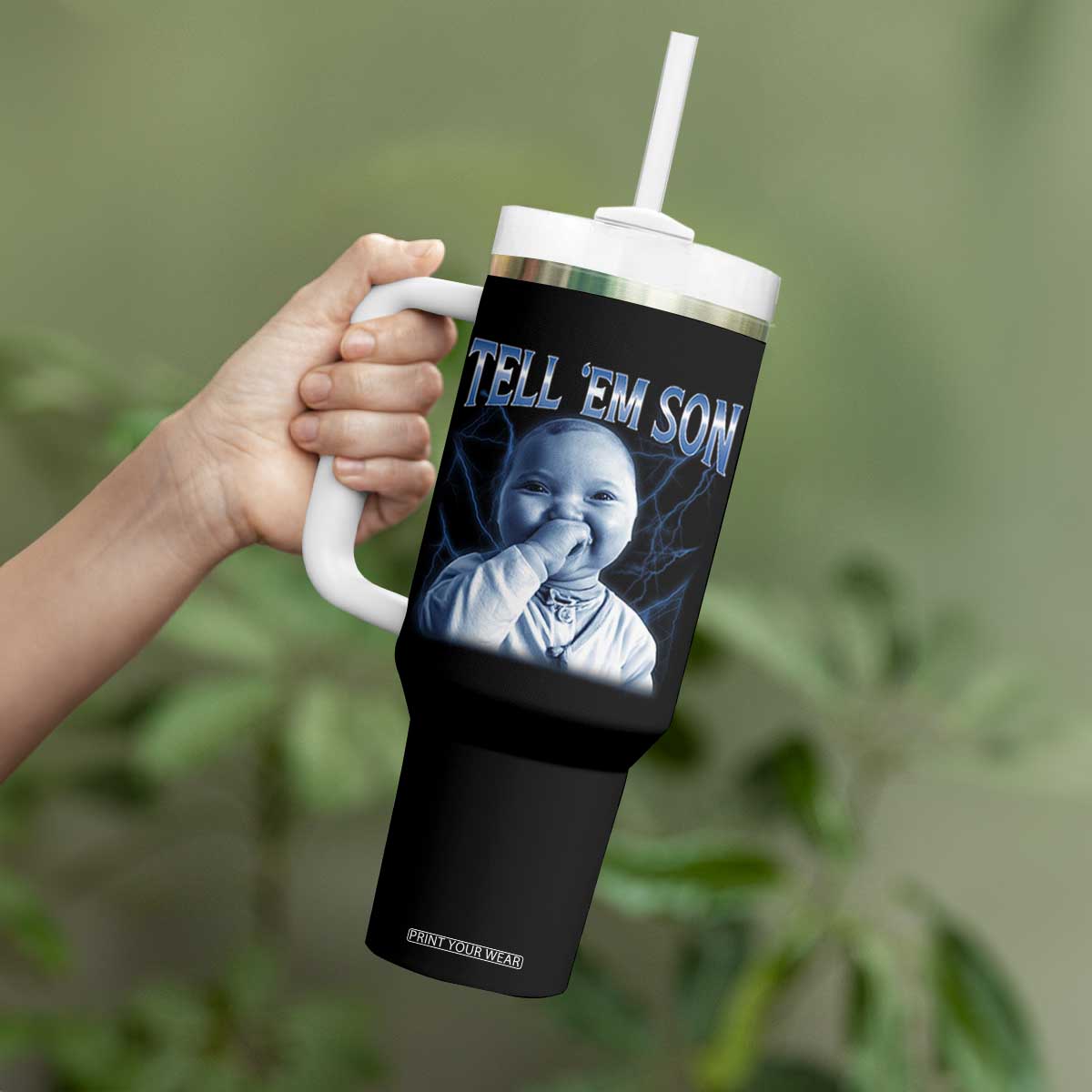 Funny Giggling Niche Baby Is Calling Tumbler With Handle Tuff Baby AI Laughing Gen Alpha Meme TS02 Print Your Wear