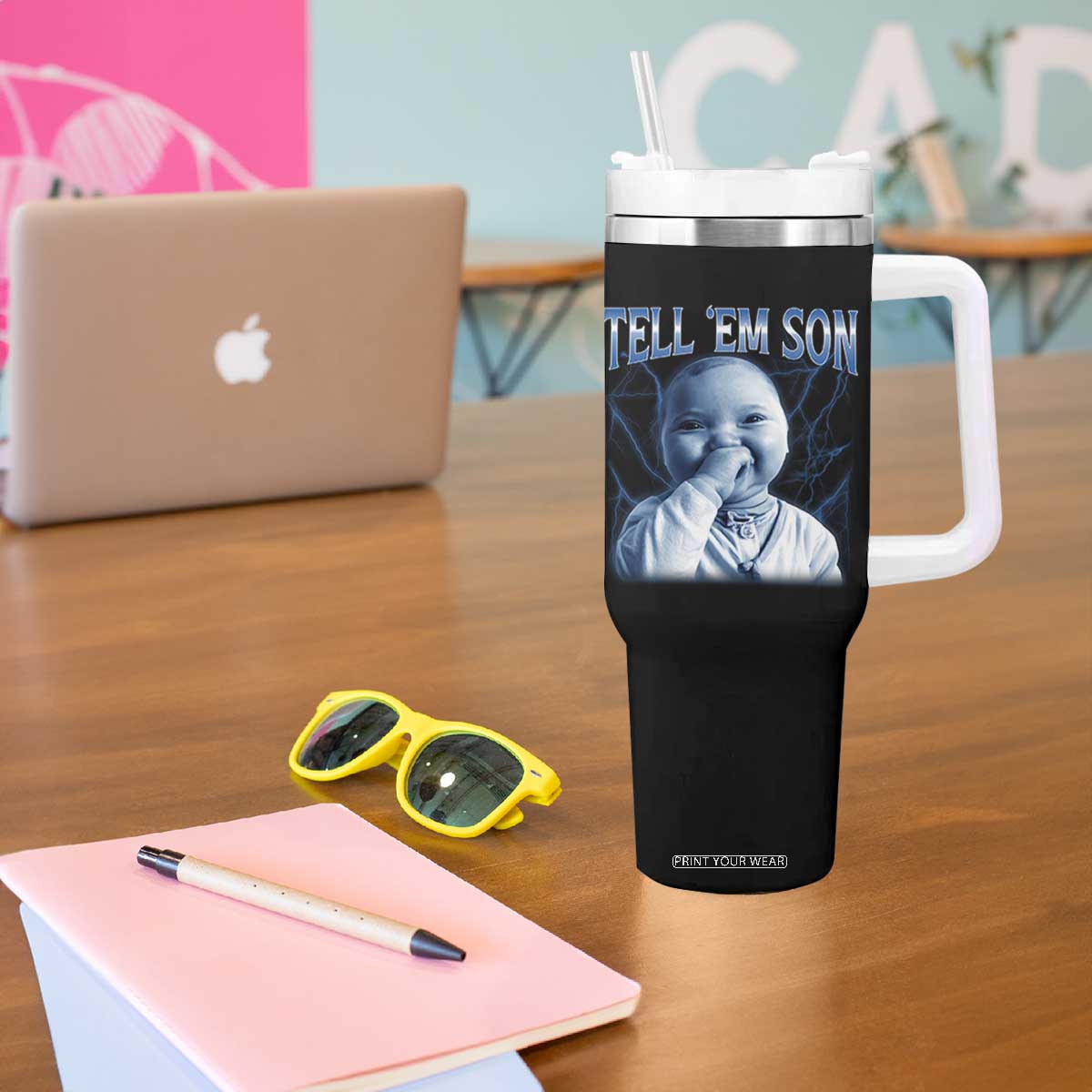 Funny Giggling Niche Baby Is Calling Tumbler With Handle Tuff Baby AI Laughing Gen Alpha Meme TS02 Print Your Wear