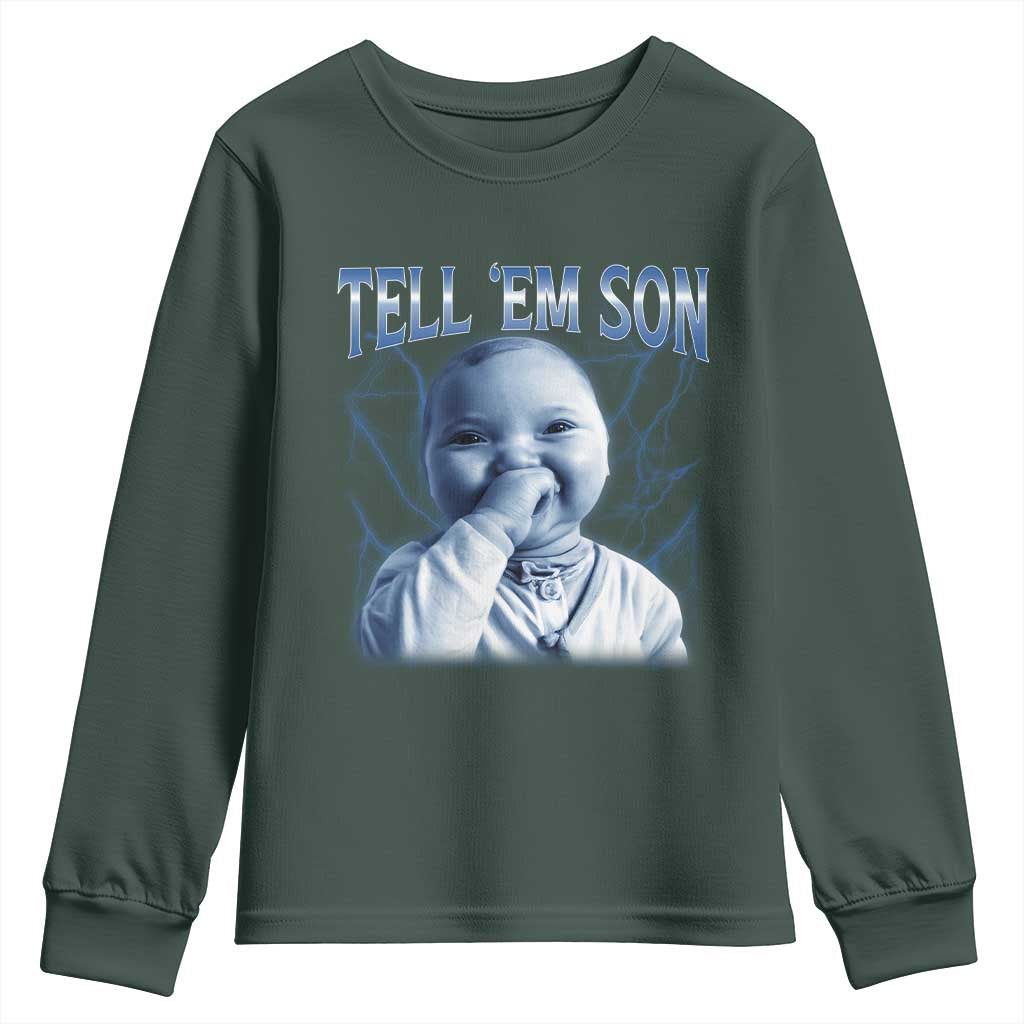 Funny Giggling Niche Baby Is Calling Youth Sweatshirt Tuff Baby AI Laughing Gen Alpha Meme TS02 Dark Forest Green Print Your Wear