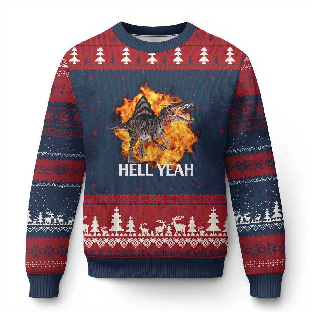 Spinosaurus Racha Explosion Hell Yeah Ugly Christmas Sweater Dinosaur Shrieks Meme Funny Prehistoric Fire Blast TS02 Navy Red Print Your Wear