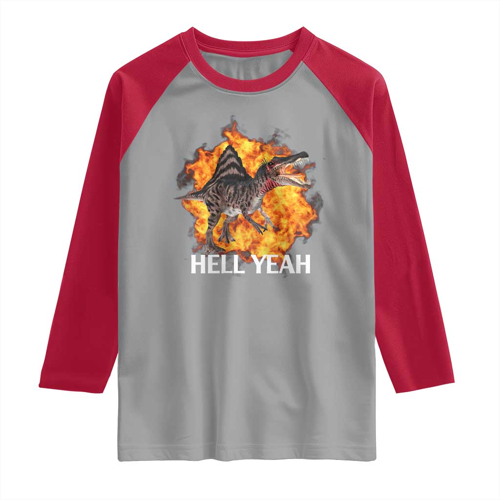 Spinosaurus Racha Explosion Hell Yeah Raglan Shirt Dinosaur Shrieks Meme Funny Prehistoric Fire Blast TS02 Sport Gray Red Print Your Wear
