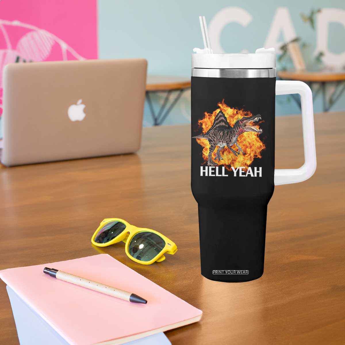 Spinosaurus Racha Explosion Hell Yeah Tumbler With Handle Dinosaur Shrieks Meme Funny Prehistoric Fire Blast TS02 Print Your Wear
