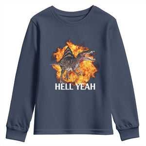 Spinosaurus Racha Explosion Hell Yeah Youth Sweatshirt Dinosaur Shrieks Meme Funny Prehistoric Fire Blast TS02 Navy Print Your Wear