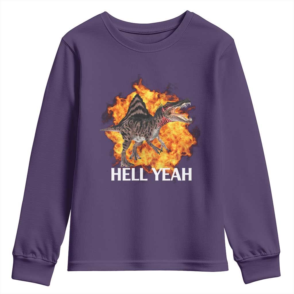 Spinosaurus Racha Explosion Hell Yeah Youth Sweatshirt Dinosaur Shrieks Meme Funny Prehistoric Fire Blast TS02 Purple Print Your Wear