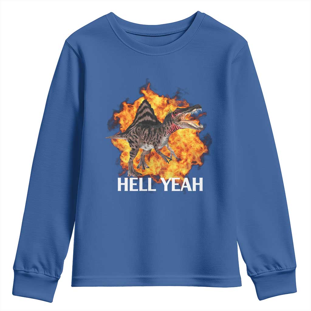 Spinosaurus Racha Explosion Hell Yeah Youth Sweatshirt Dinosaur Shrieks Meme Funny Prehistoric Fire Blast TS02 Royal Blue Print Your Wear