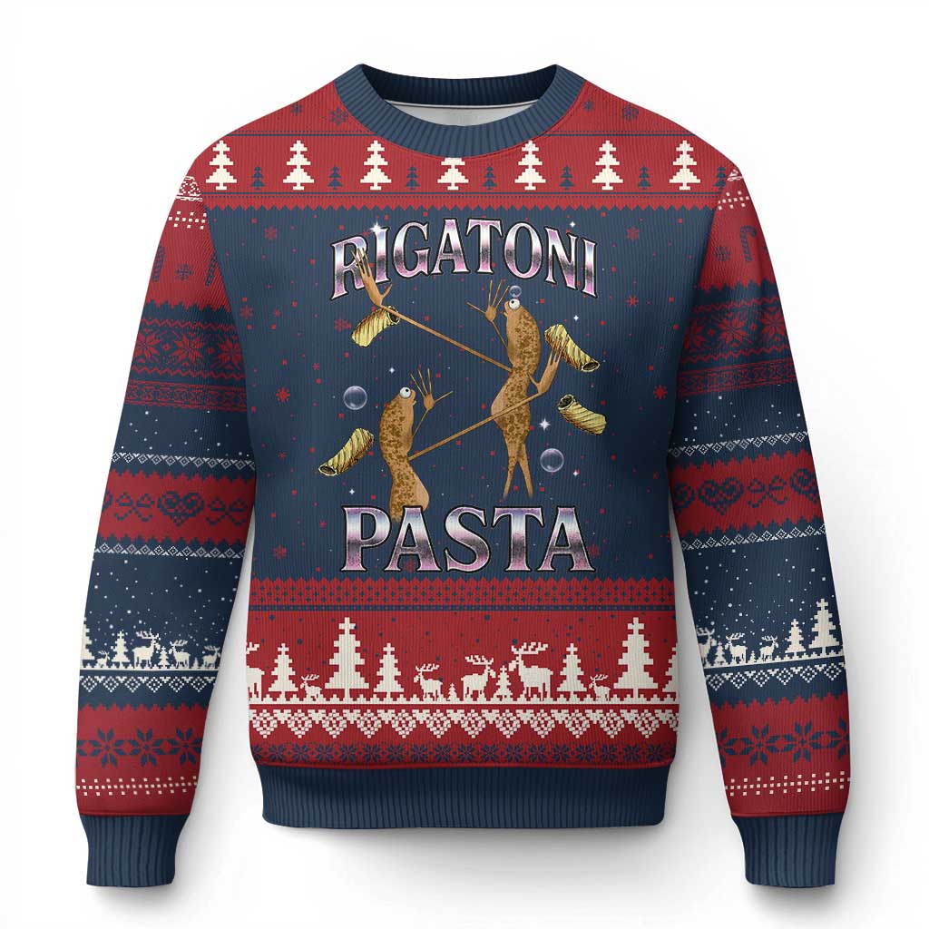 Rigatoni Pasta Lover Marcus The Worm Ugly Christmas Sweater Retro 90s Bootleg Weird Meme Internet Humor TS02 Navy Red Print Your Wear