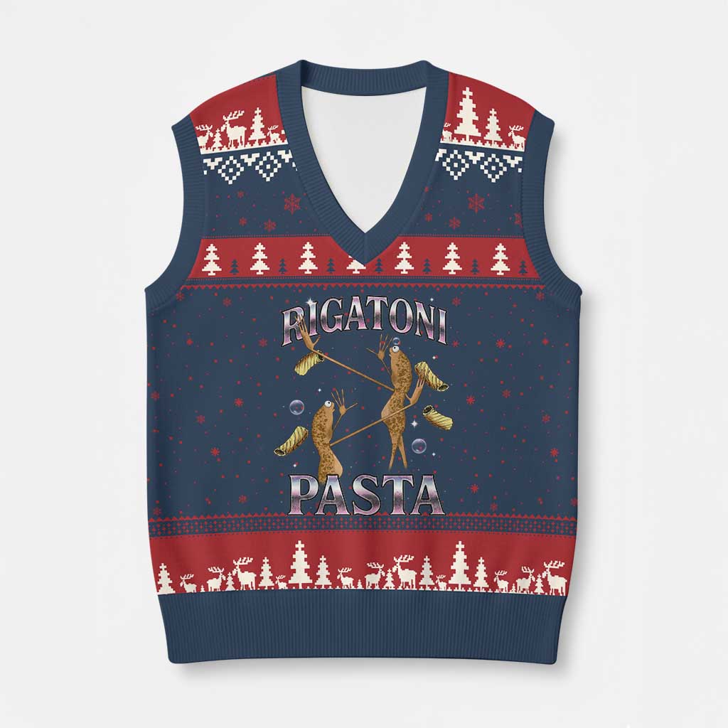 Rigatoni Pasta Lover Marcus The Worm V-Neck Knit Sweater Vest Retro 90s Bootleg Weird Meme Internet Humor TS02 Navy Red Print Your Wear