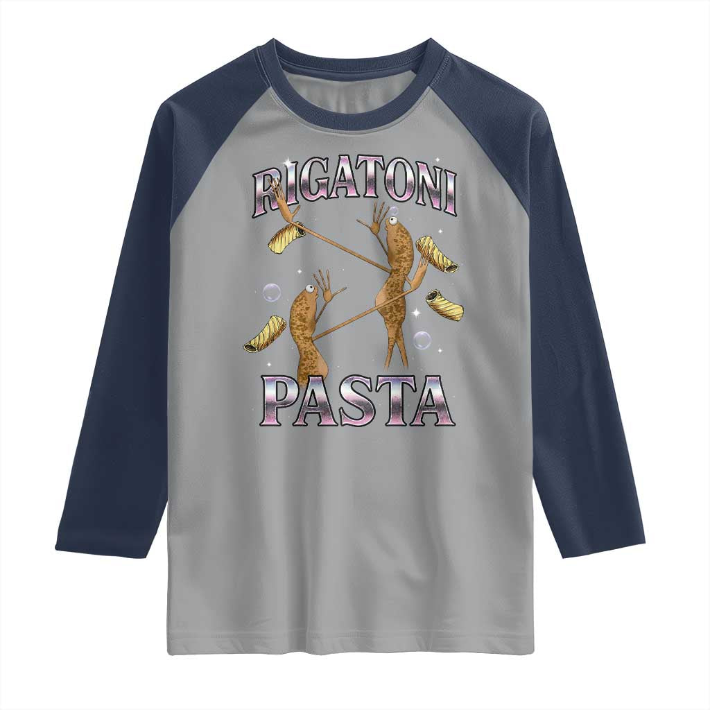 Rigatoni Pasta Lover Marcus The Worm Raglan Shirt Retro 90s Bootleg Weird Meme Internet Humor TS02 Sport Gray Navy Print Your Wear
