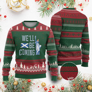We'll Be Coming Scotland to USA Ugly Christmas Sweater Scottish Fans Statue of Liberty TS02 Red Green Print Your Wear