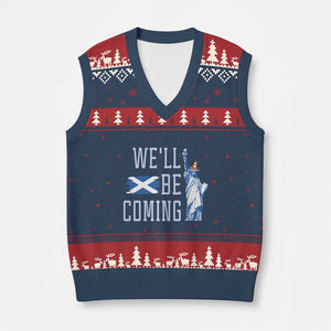 We'll Be Coming Scotland to USA V-Neck Knit Sweater Vest Scottish Fans Statue of Liberty TS02 Navy Red Print Your Wear