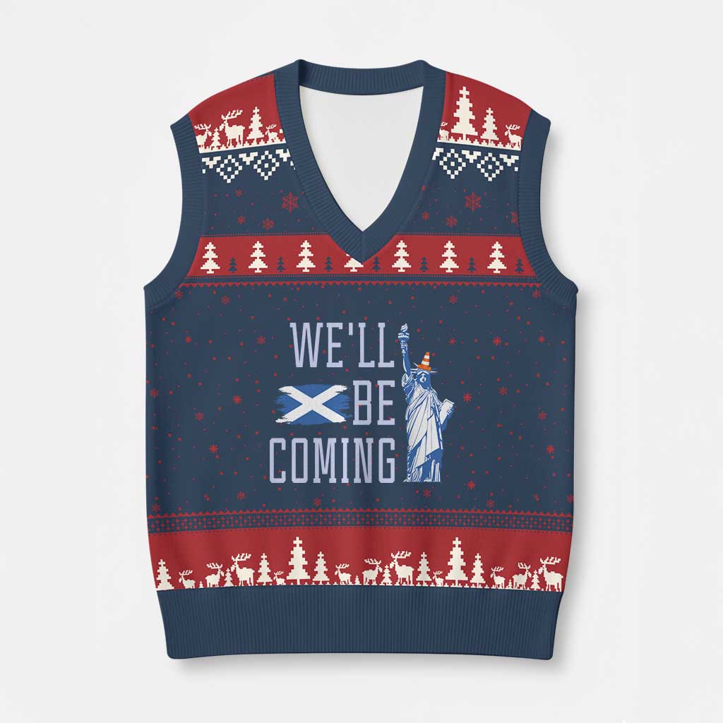We'll Be Coming Scotland to USA V-Neck Knit Sweater Vest Scottish Fans Statue of Liberty TS02 Navy Red Print Your Wear