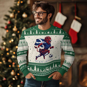 Scottish Lion Football Ugly Christmas Sweater Brave Lion in Kilt with Flag Cape Pride TS02 Beige Green Print Your Wear