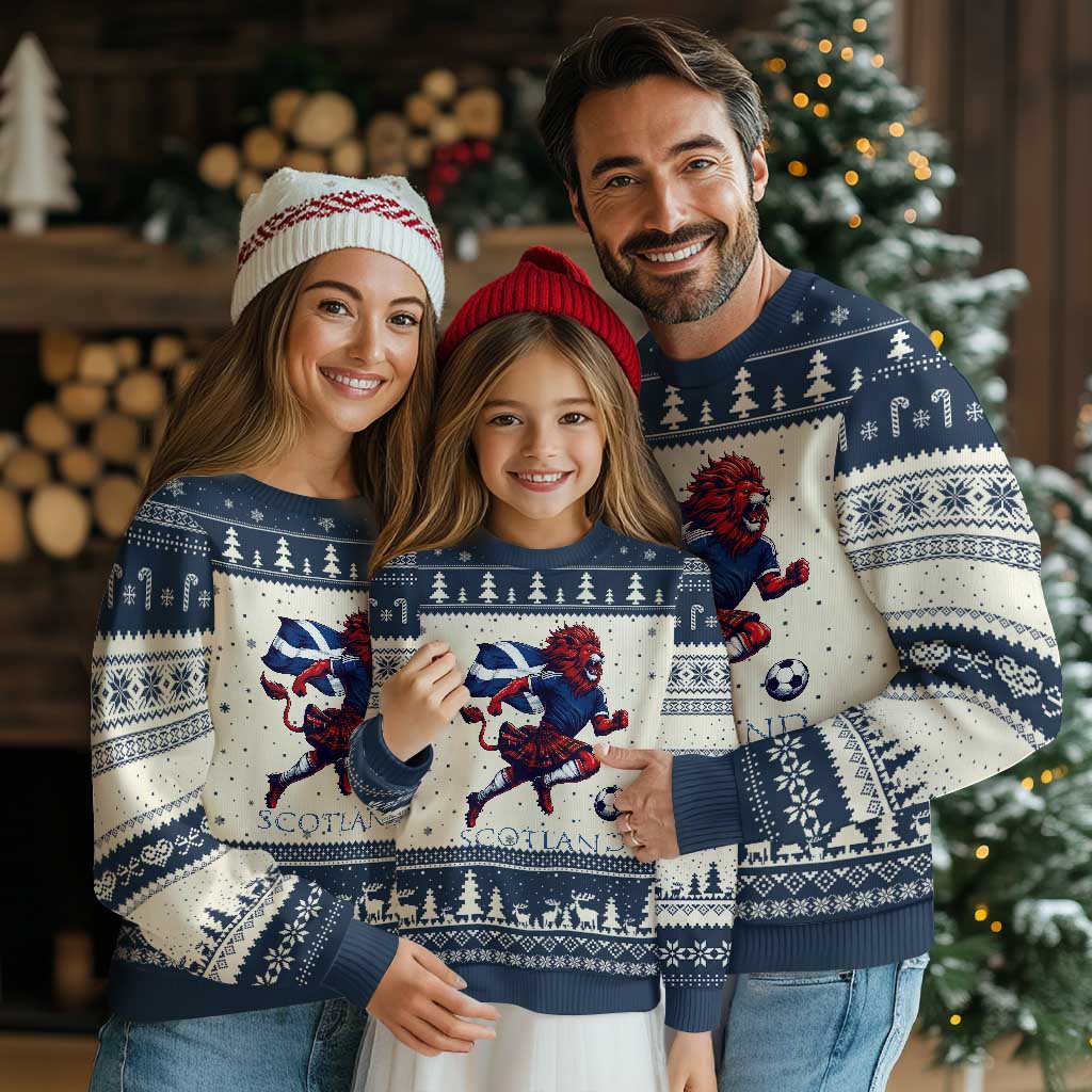 Scottish Lion Football Ugly Christmas Sweater Brave Lion in Kilt with Flag Cape Pride TS02 Beige Navy Print Your Wear
