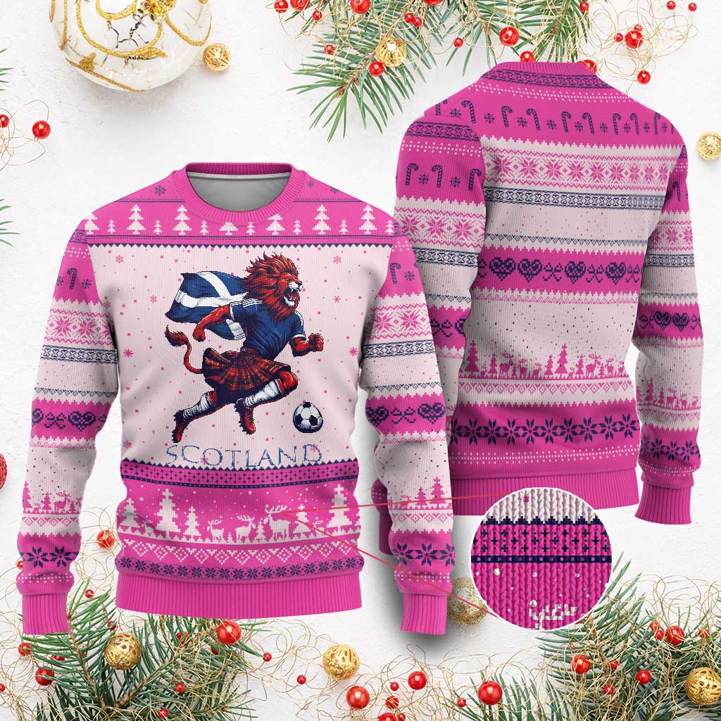 Scottish Lion Football Ugly Christmas Sweater Brave Lion in Kilt with Flag Cape Pride TS02 Hot Pink Print Your Wear