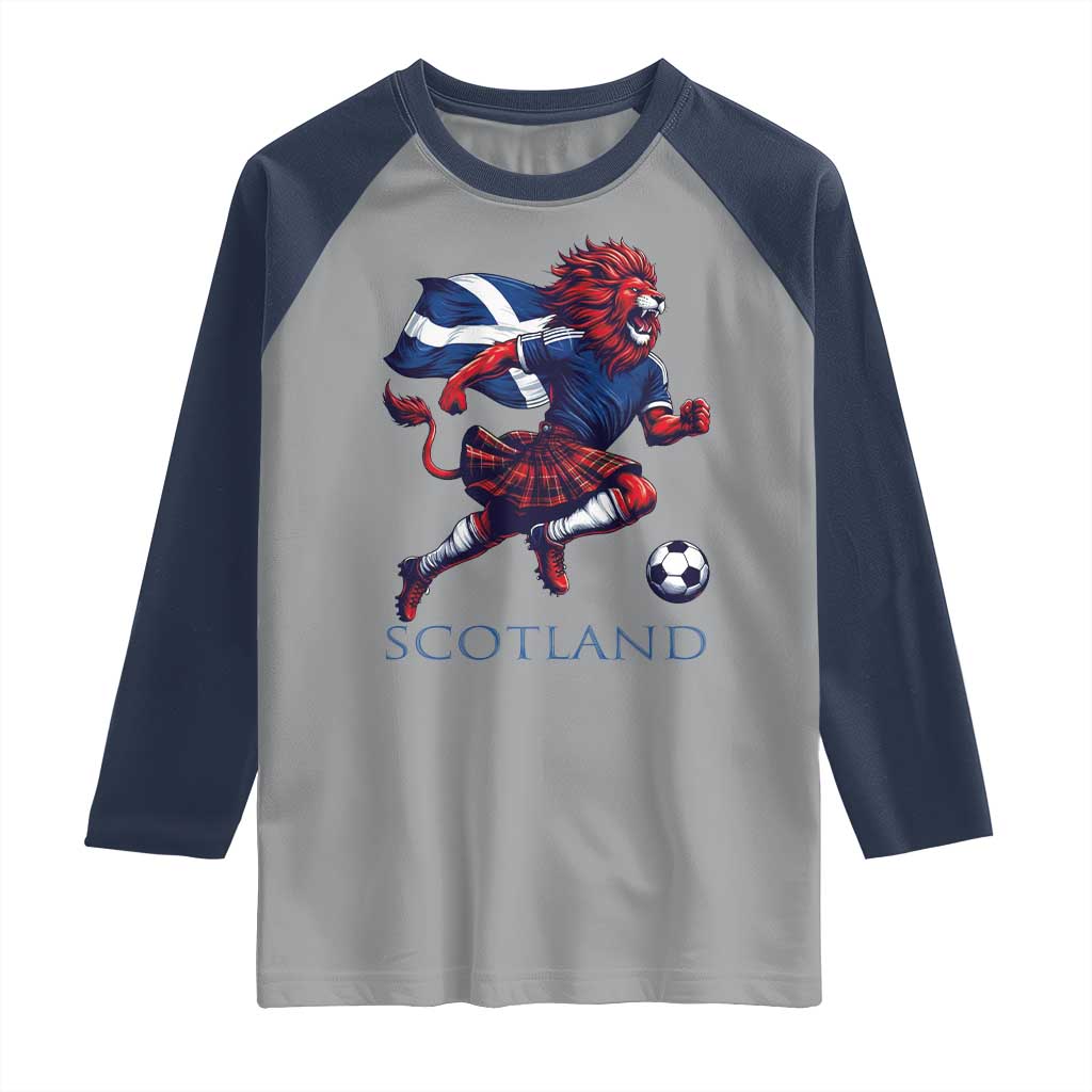 Scottish Lion Football Raglan Shirt Brave Lion in Kilt with Flag Cape Pride TS02 Sport Gray Navy Print Your Wear