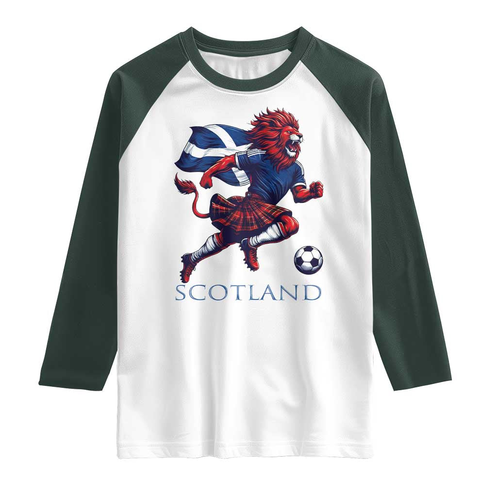 Scottish Lion Football Raglan Shirt Brave Lion in Kilt with Flag Cape Pride TS02 White Dark Forest Green Print Your Wear