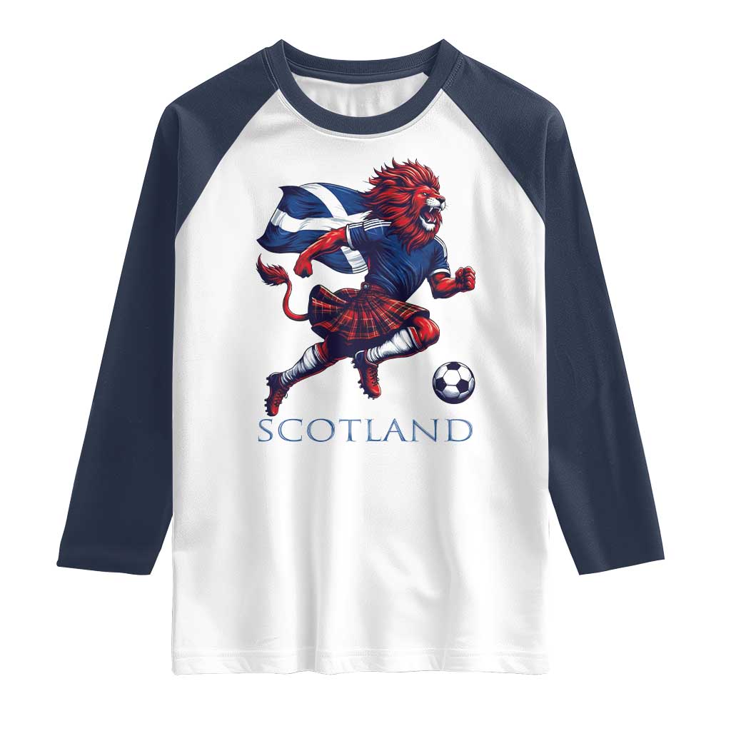 Scottish Lion Football Raglan Shirt Brave Lion in Kilt with Flag Cape Pride TS02 White Navy Print Your Wear