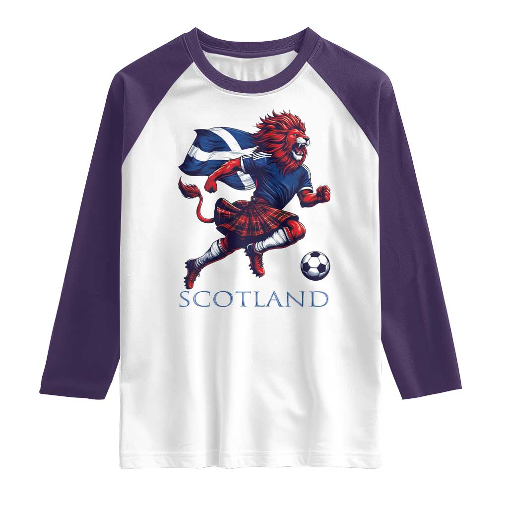 Scottish Lion Football Raglan Shirt Brave Lion in Kilt with Flag Cape Pride TS02 White Purple Print Your Wear